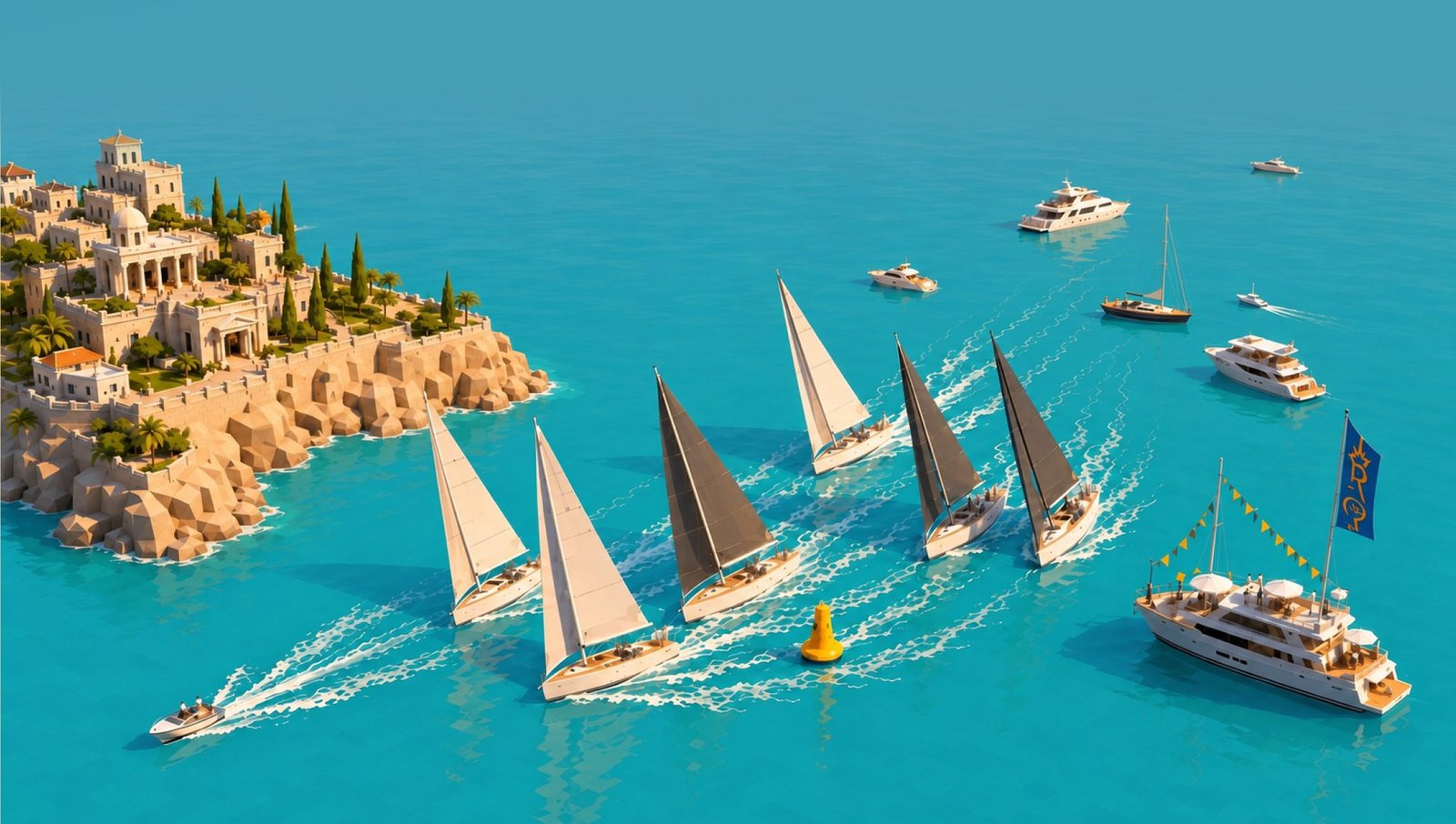 Yachts racing past the headland